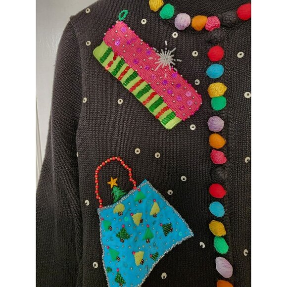 Berek Ugly Christmas Sweater Sz Medium Santa Snowman Presents Purses Pom Pom - Picture 4 of 9